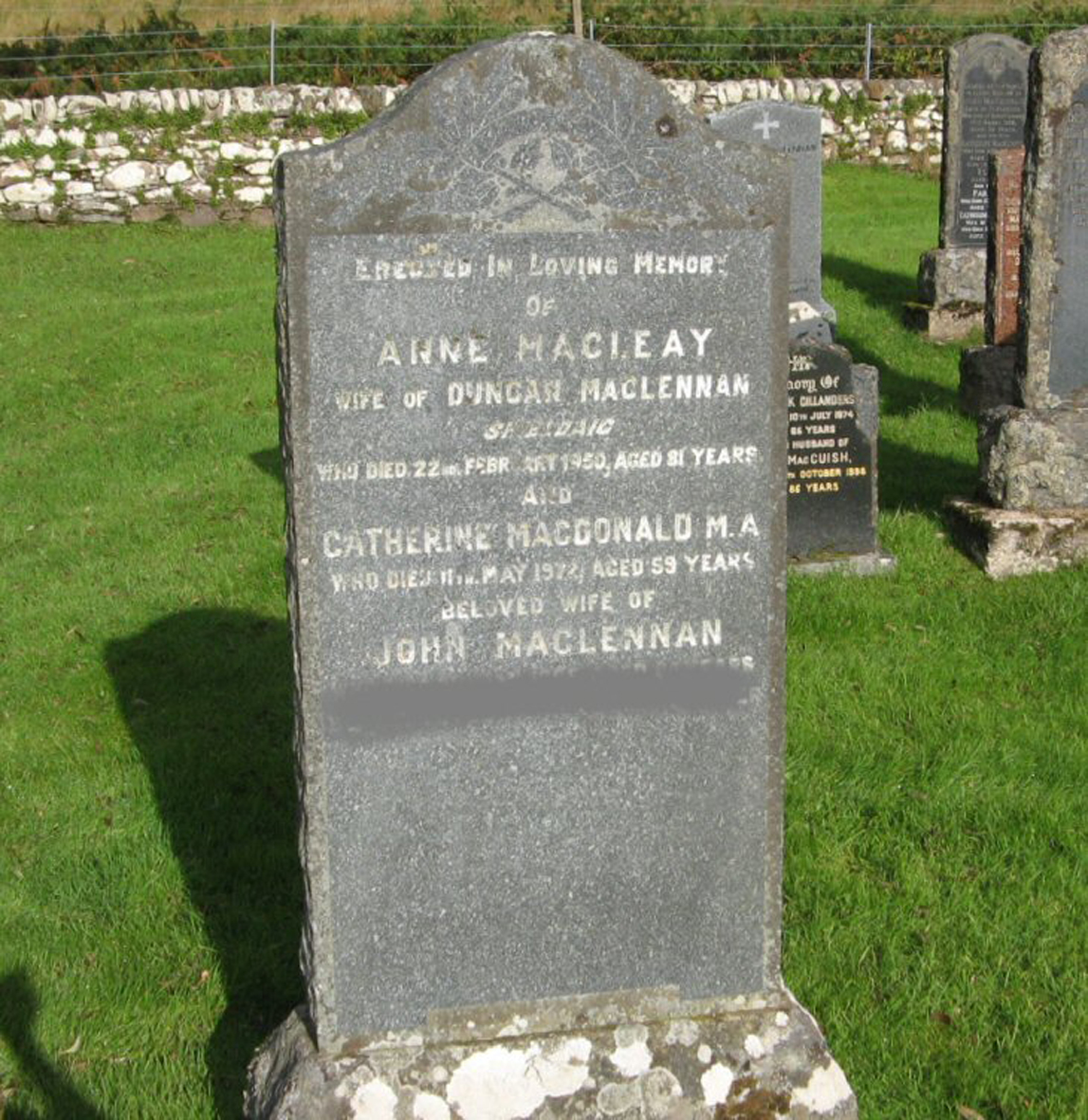 Photo of headstones/Anne MacLeay (MacLennan) died 1950 MI Applecross